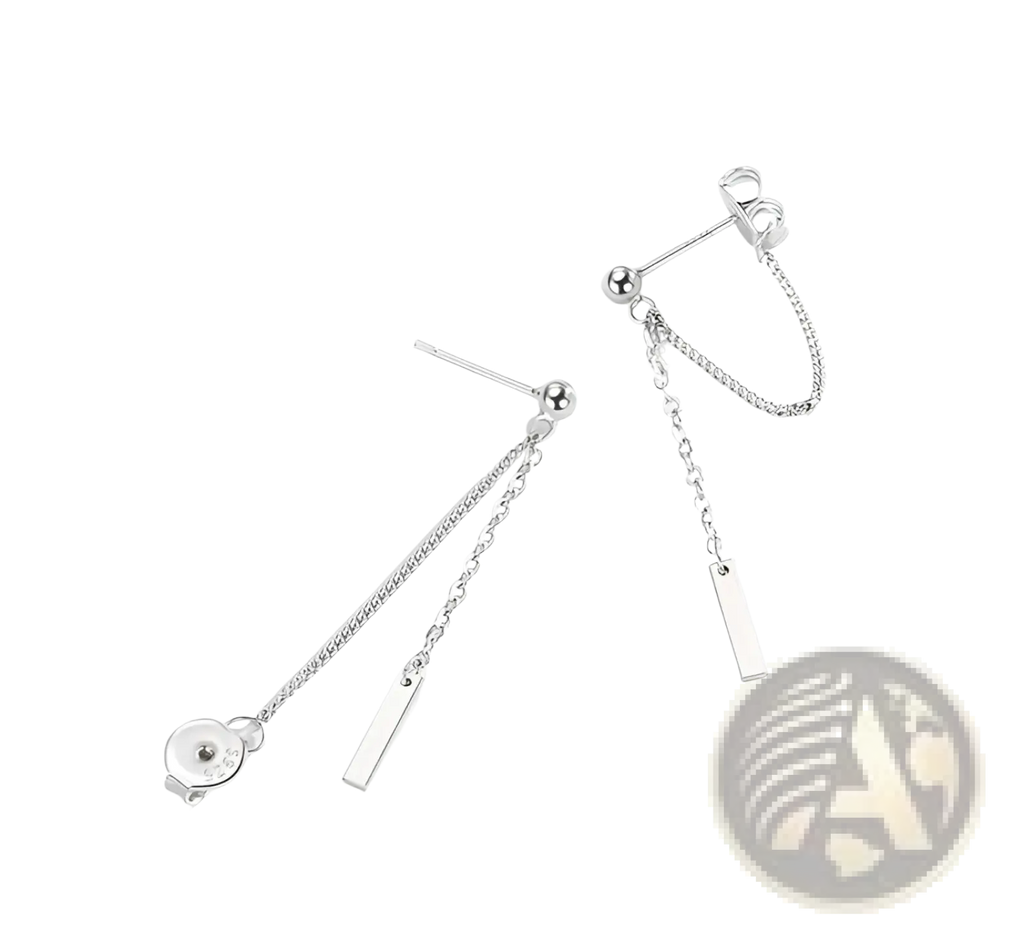 Silver minimalist geometric chain and bar dangle earrings with a delicate bead and adjustable clasp mechanism