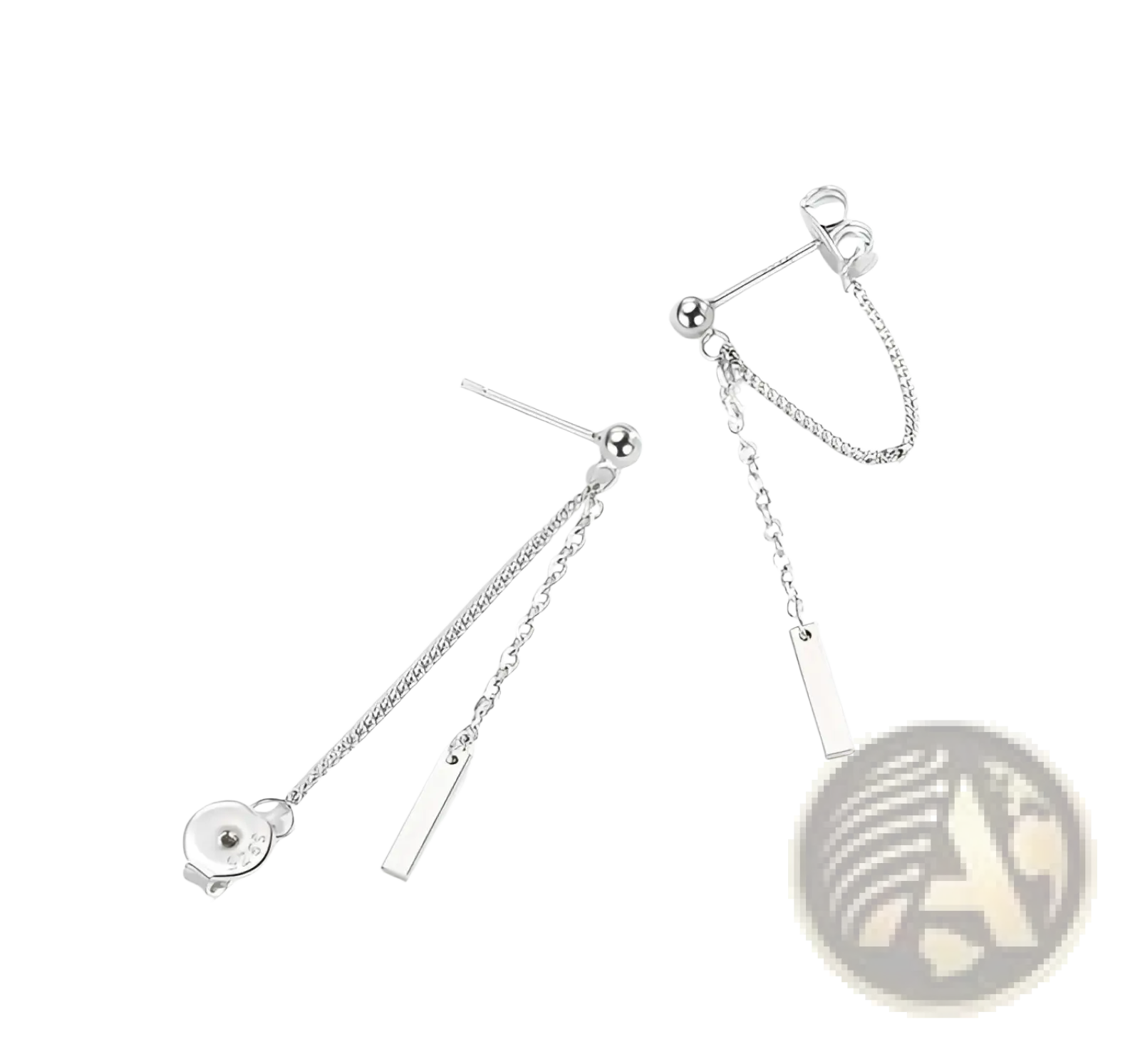 Silver minimalist geometric chain and bar dangle earrings with a delicate bead and adjustable clasp mechanism