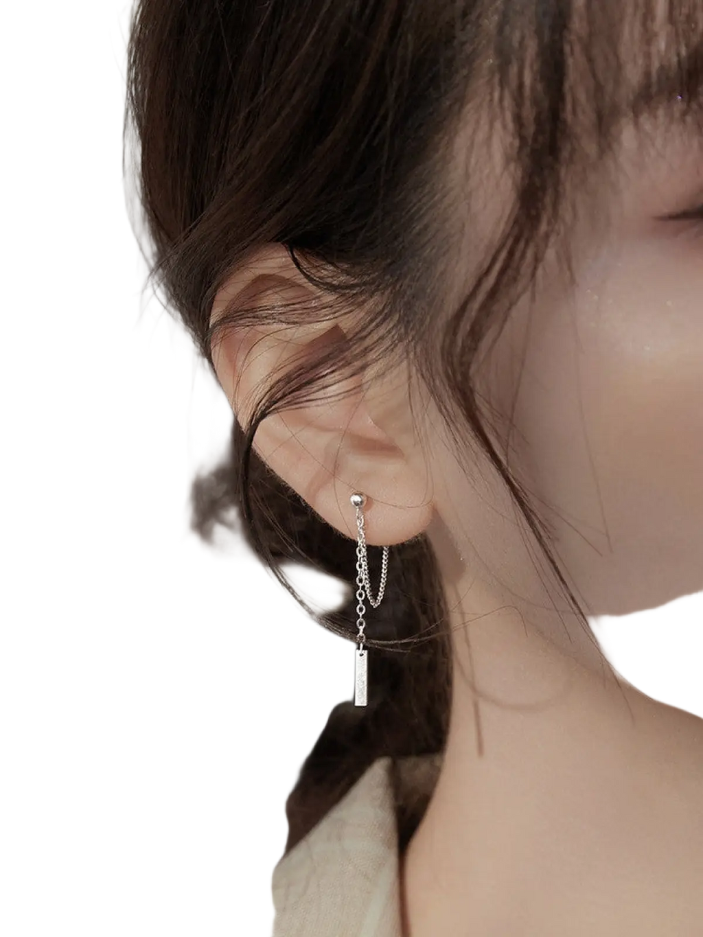 Silver minimalist geometric chain and bar dangle earring with delicate chain and rectangular pendant