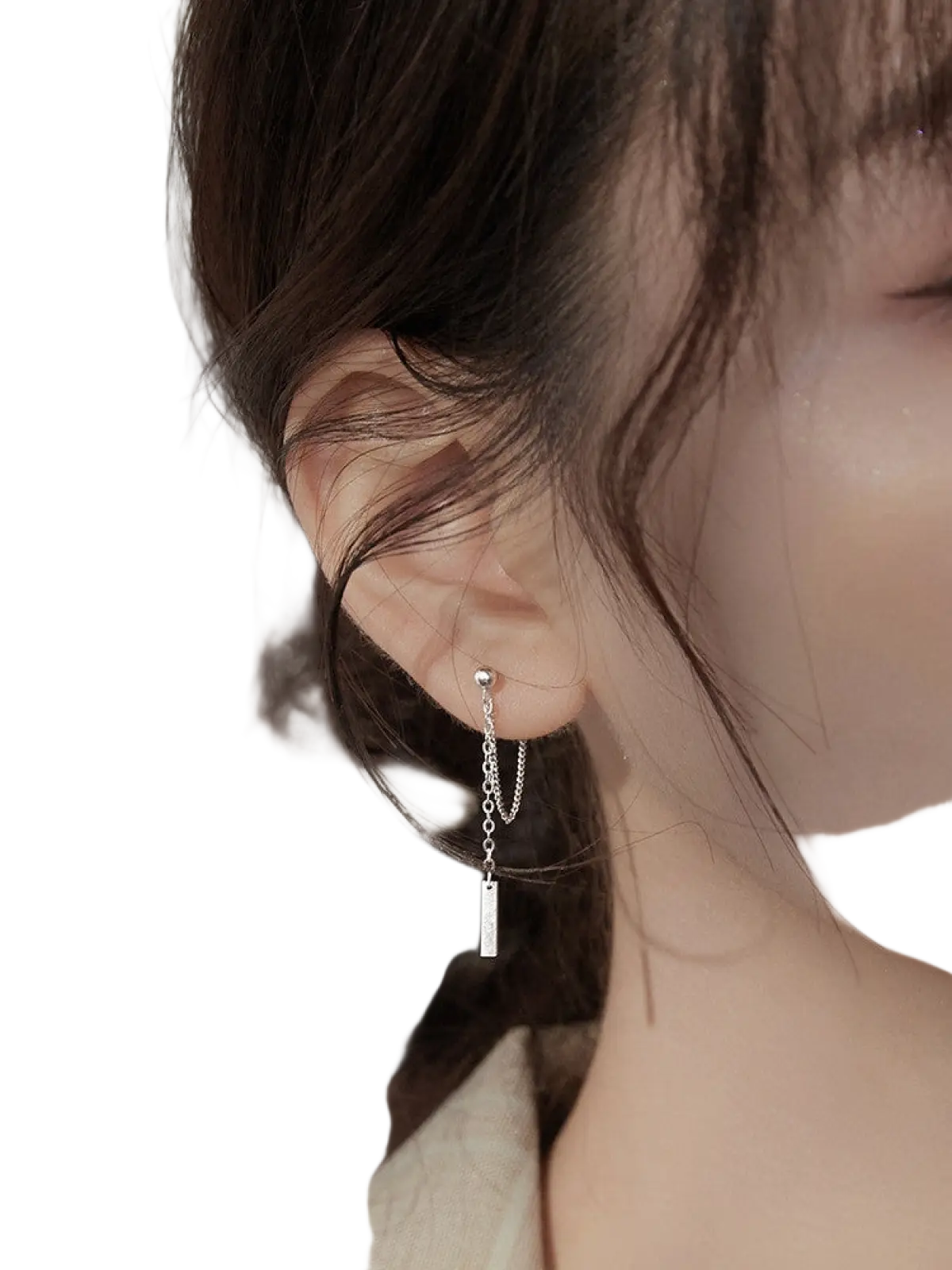 Silver minimalist geometric chain and bar dangle earring with delicate chain and rectangular pendant