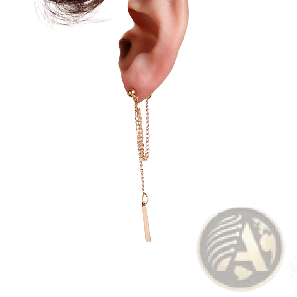 Gold-toned minimalist geometric chain and bar dangle earring with spherical stud and rectangular pendant