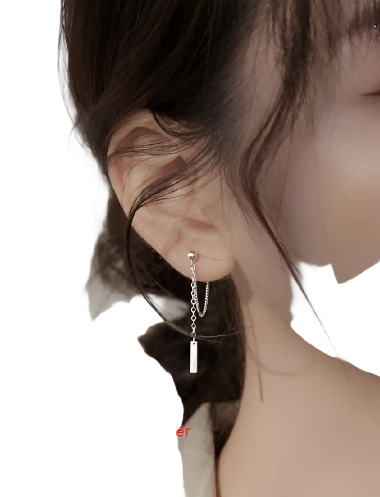 Minimalist geometric chain and bar dangle silver earring with delicate chain and rectangular pendant made of 925 sterling silver
