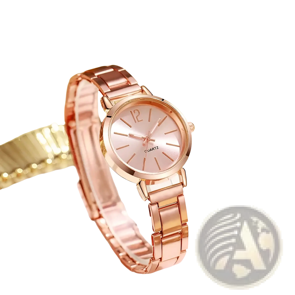 Minimalist gold women quartz wristwatch with rose gold-tone stainless steel and a pink minimalist dial with stick indices