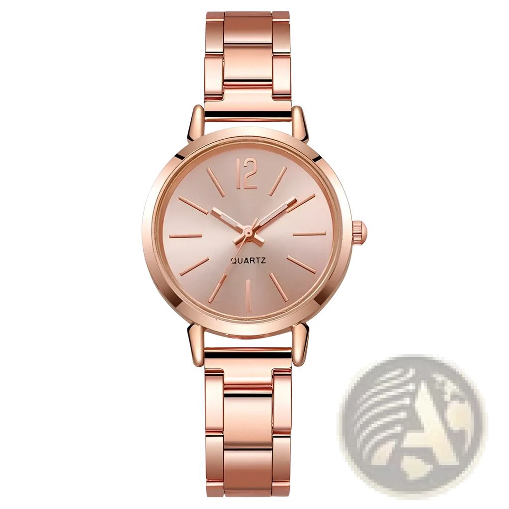 Minimalist gold women quartz wristwatch with rose gold-toned quartz face and matching metal bracelet with subtle markers