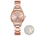 Minimalist gold women quartz wristwatch with rose gold-toned quartz face and matching metal bracelet with subtle markers
