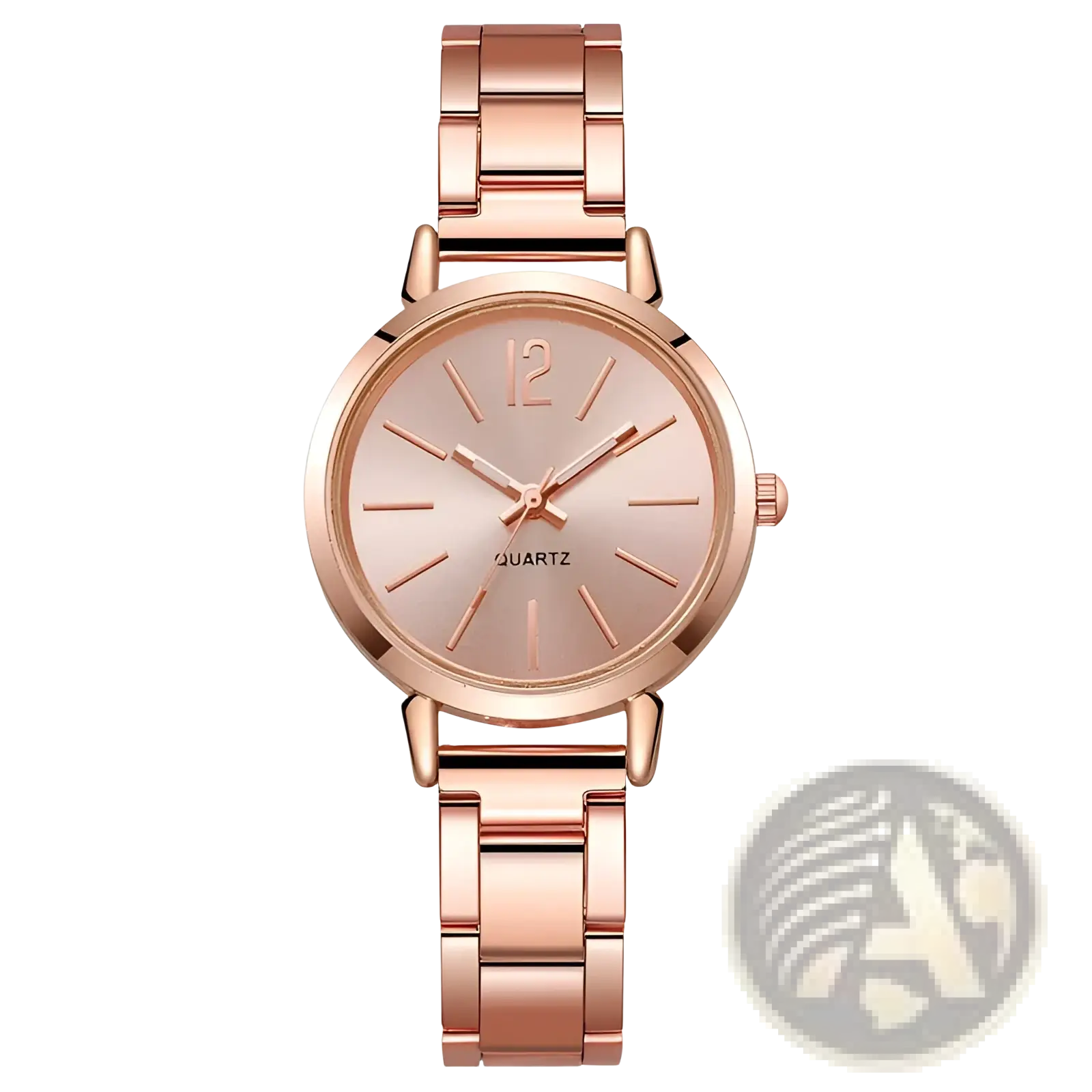 Minimalist gold women quartz wristwatch with rose gold-toned quartz face and matching metal bracelet with subtle markers