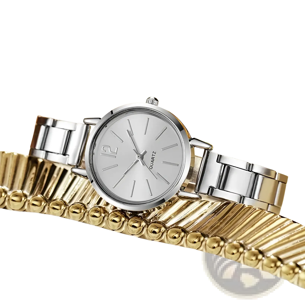 Minimalist gold women quartz wristwatch with silver-toned round face and polished stainless steel bracelet