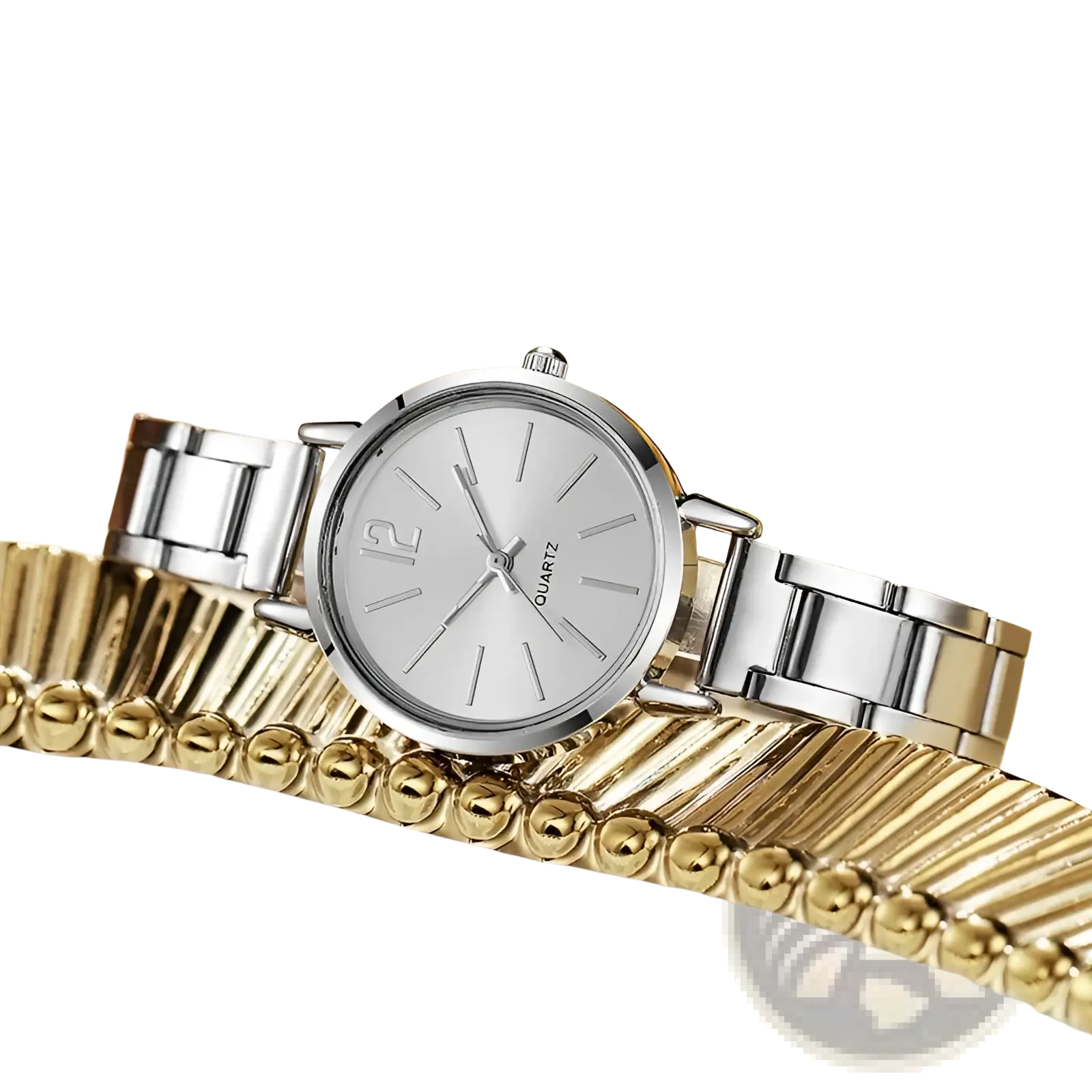Minimalist gold women quartz wristwatch with silver-toned round face and polished stainless steel bracelet