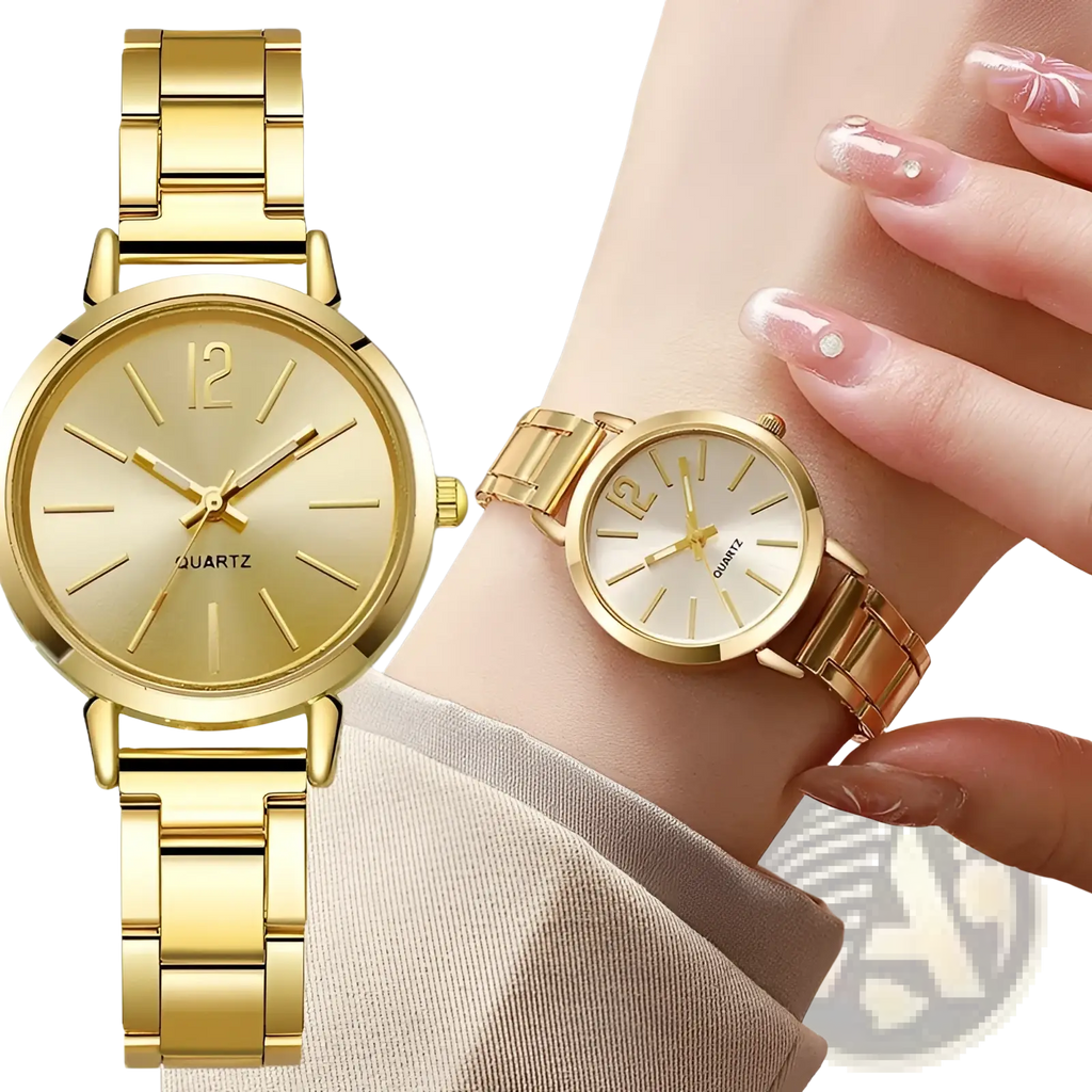 Minimalist gold women quartz wristwatch with gold-tone stainless steel link bracelet and minimalist dial