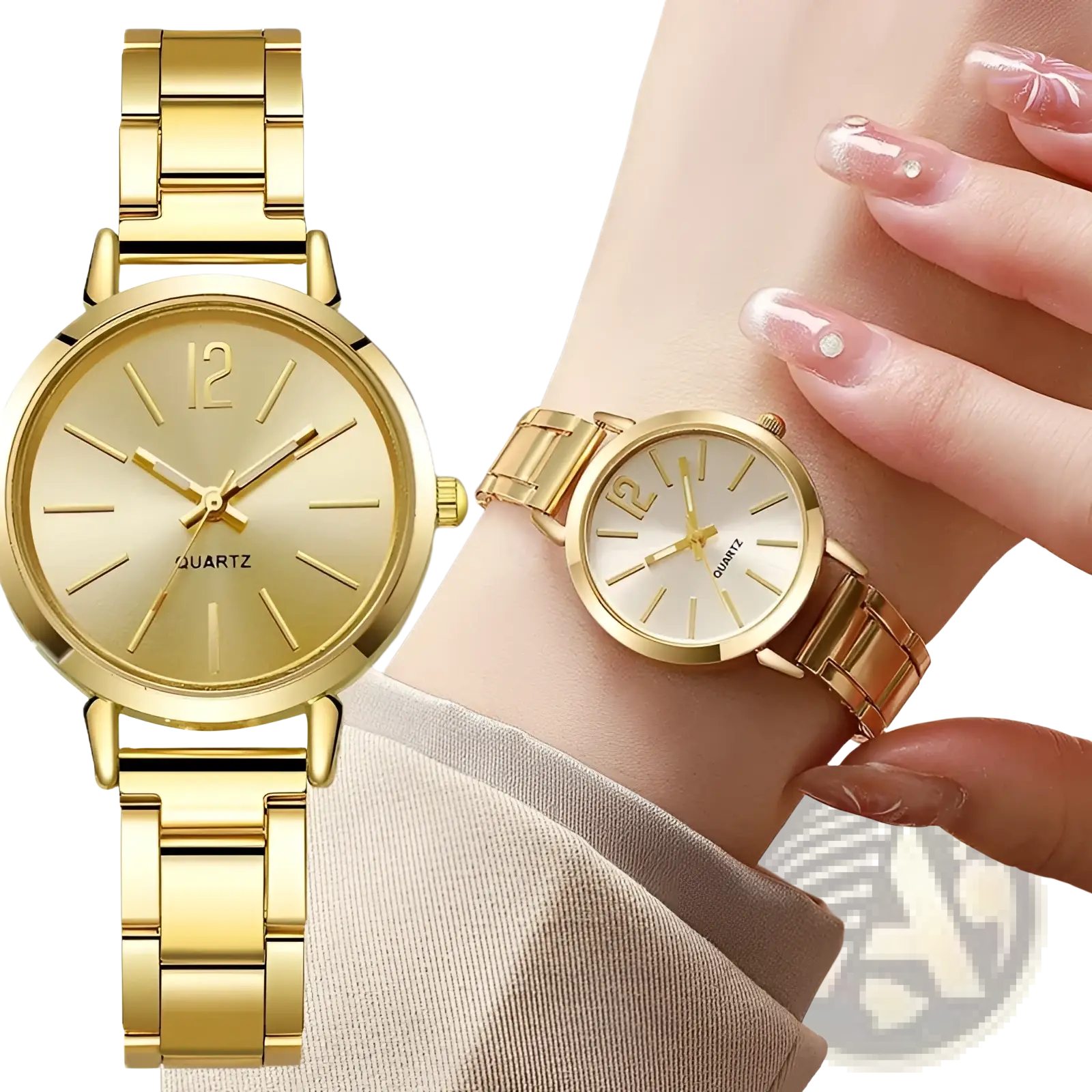 Minimalist gold women quartz wristwatch with gold-tone stainless steel link bracelet and minimalist dial