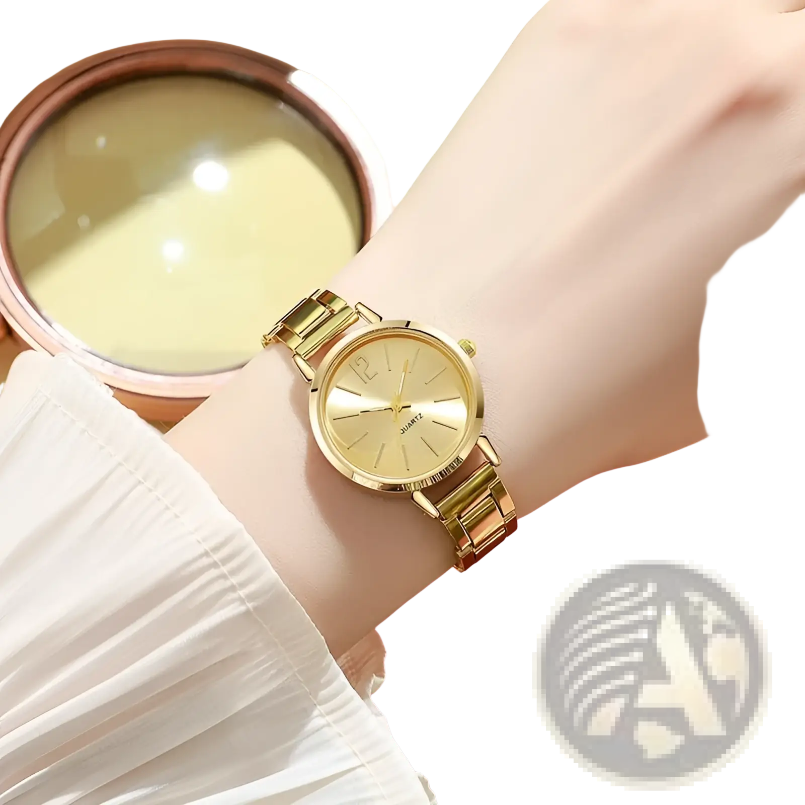 Minimalist gold women quartz wristwatch with gold-tone stainless steel case and slender hands worn on a wrist