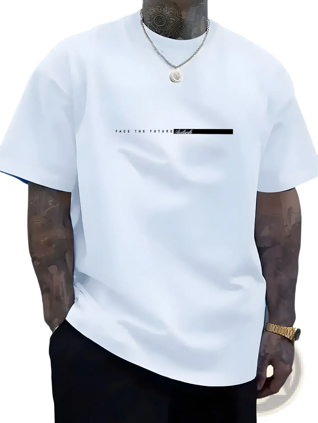 White cotton minimalist graphic t-shirt featuring black text and line design across the chest