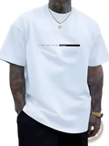 White cotton minimalist graphic t-shirt featuring black text and line design across the chest