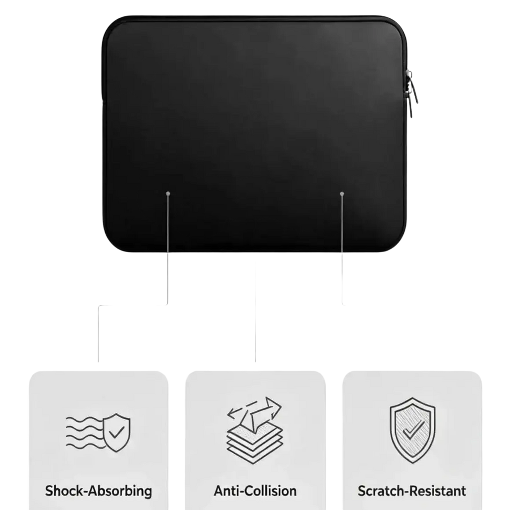 Black minimalist laptop sleeve with zipper closure designed for 13 to 15.6 inch notebooks