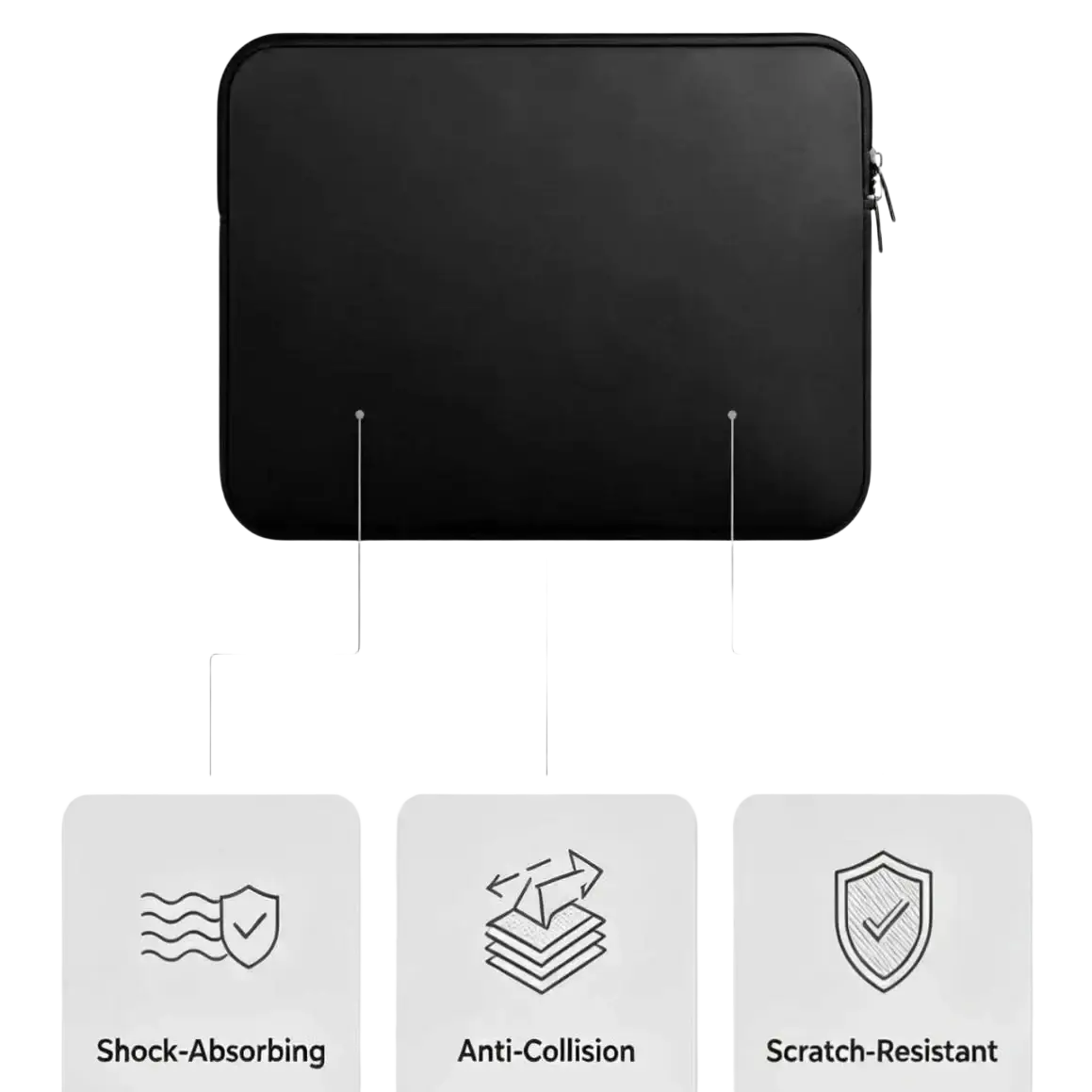 Black minimalist laptop sleeve with zipper closure designed for 13 to 15.6 inch notebooks