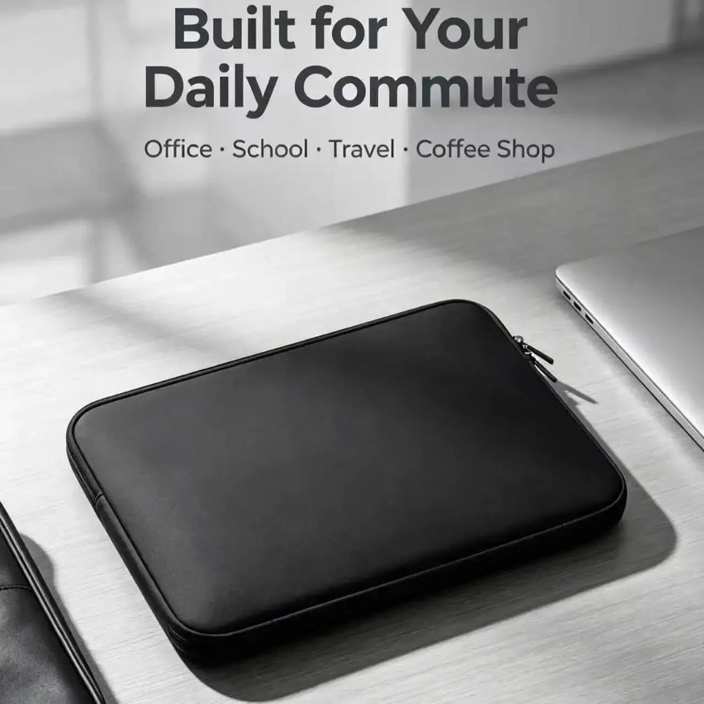 Black minimalist laptop sleeve with zipper closure designed for 13 to 15.6 inch notebooks