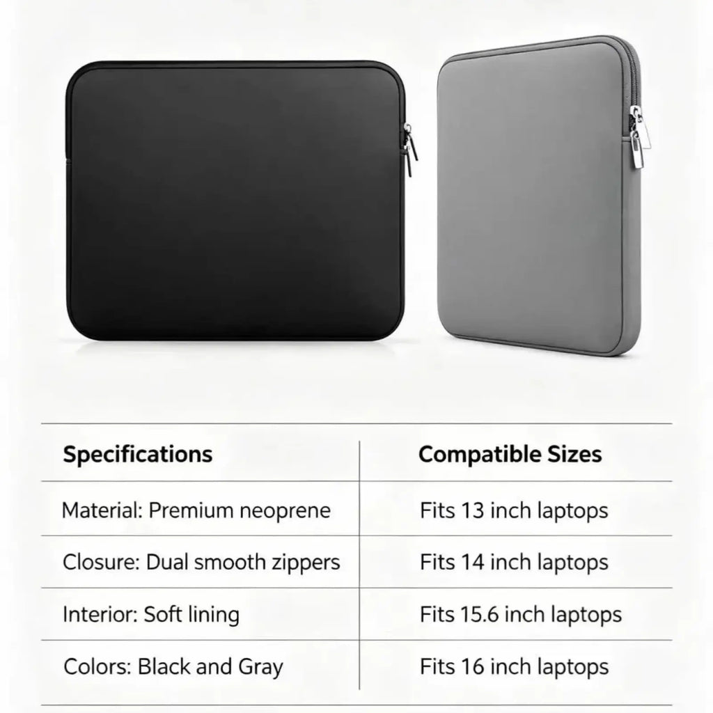 Minimalist black and gray premium neoprene laptop sleeve with dual smooth zippers for 13 to 15.6 inch notebooks