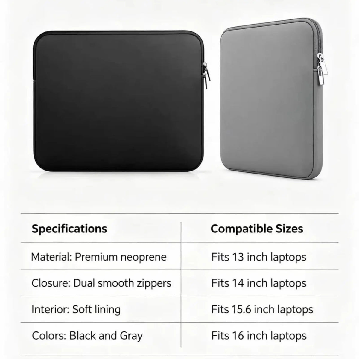 Minimalist black and gray premium neoprene laptop sleeve with dual smooth zippers for 13 to 15.6 inch notebooks