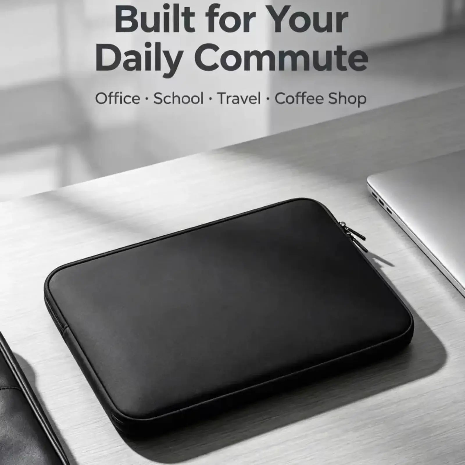 Black minimalist laptop sleeve with zipper closure designed for 13 to 15.6 inch notebooks