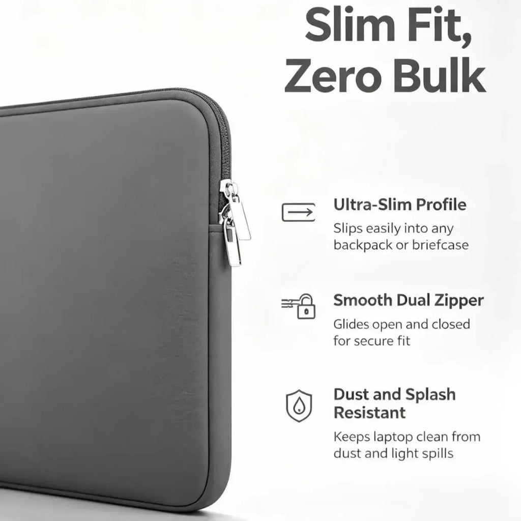 Dark gray minimalist laptop sleeve with silver dual-zipper closure for 13 to 15.6 inch notebooks