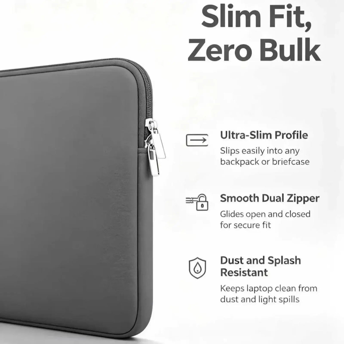 Dark gray minimalist laptop sleeve with silver dual-zipper closure for 13 to 15.6 inch notebooks