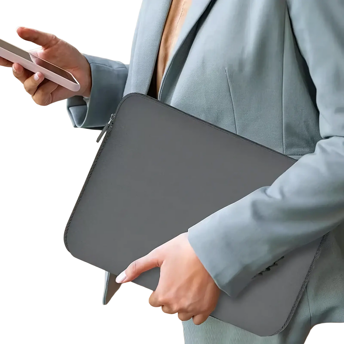 Minimalist gray laptop sleeve with zipper closure and subtle stitching for 13 to 15.6 inch notebooks