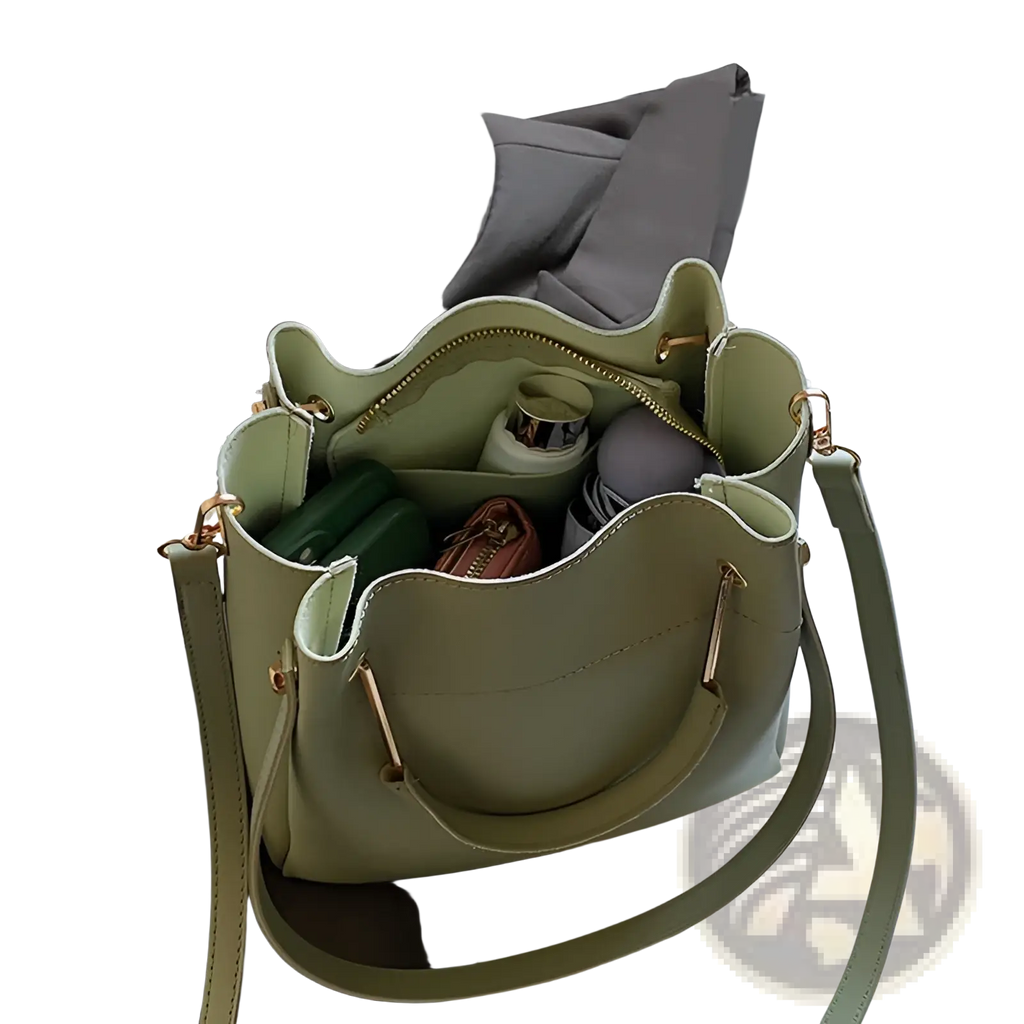 A sage green minimalist leather bucket bag with gold-tone hardware and a detachable shoulder strap