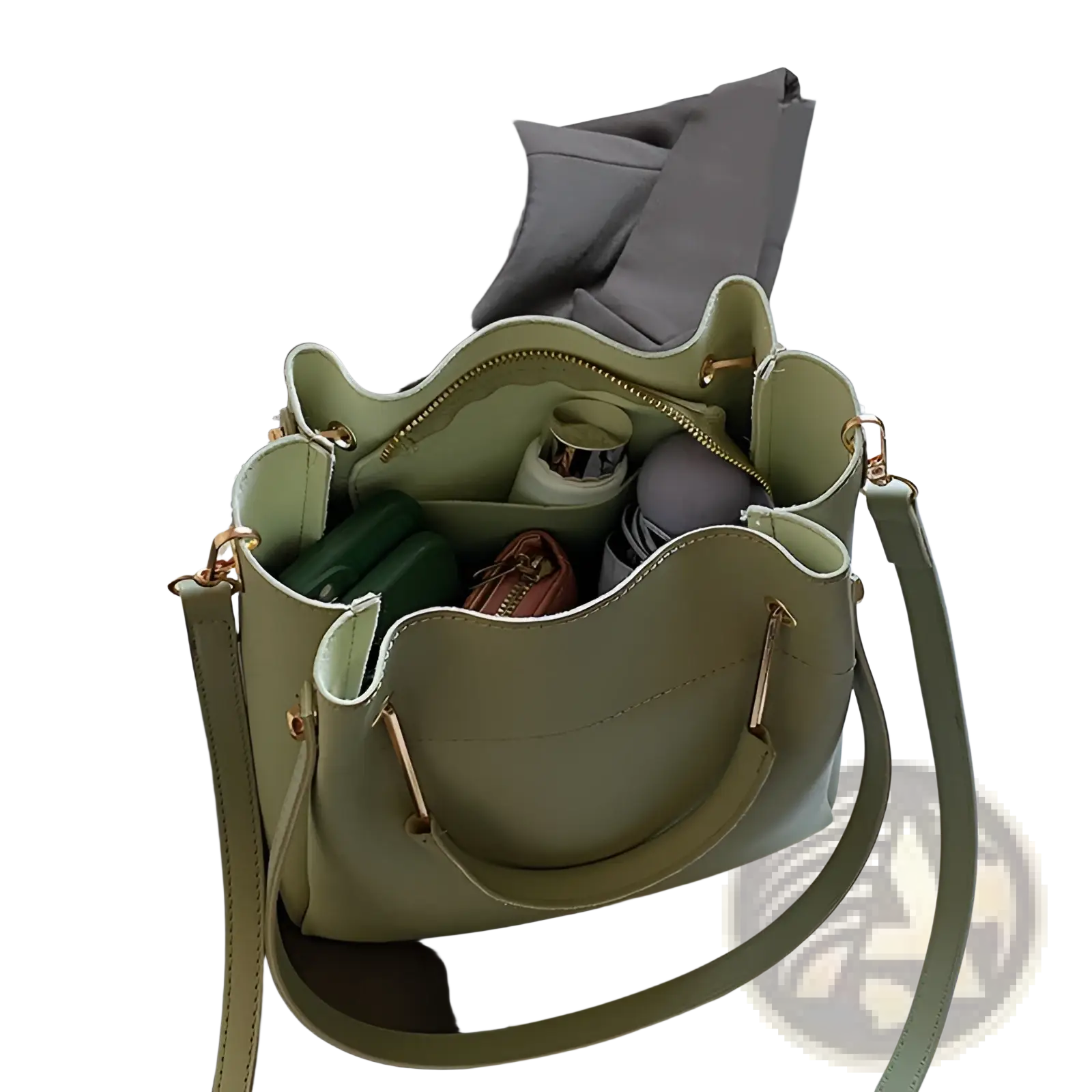 A sage green minimalist leather bucket bag with gold-tone hardware and a detachable shoulder strap