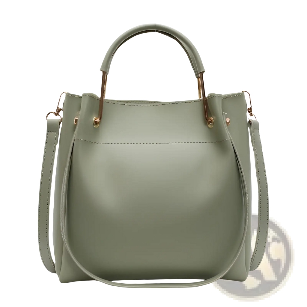 Minimalist leather bucket bag in olive green faux leather with gold-tone metal handles and detachable shoulder strap