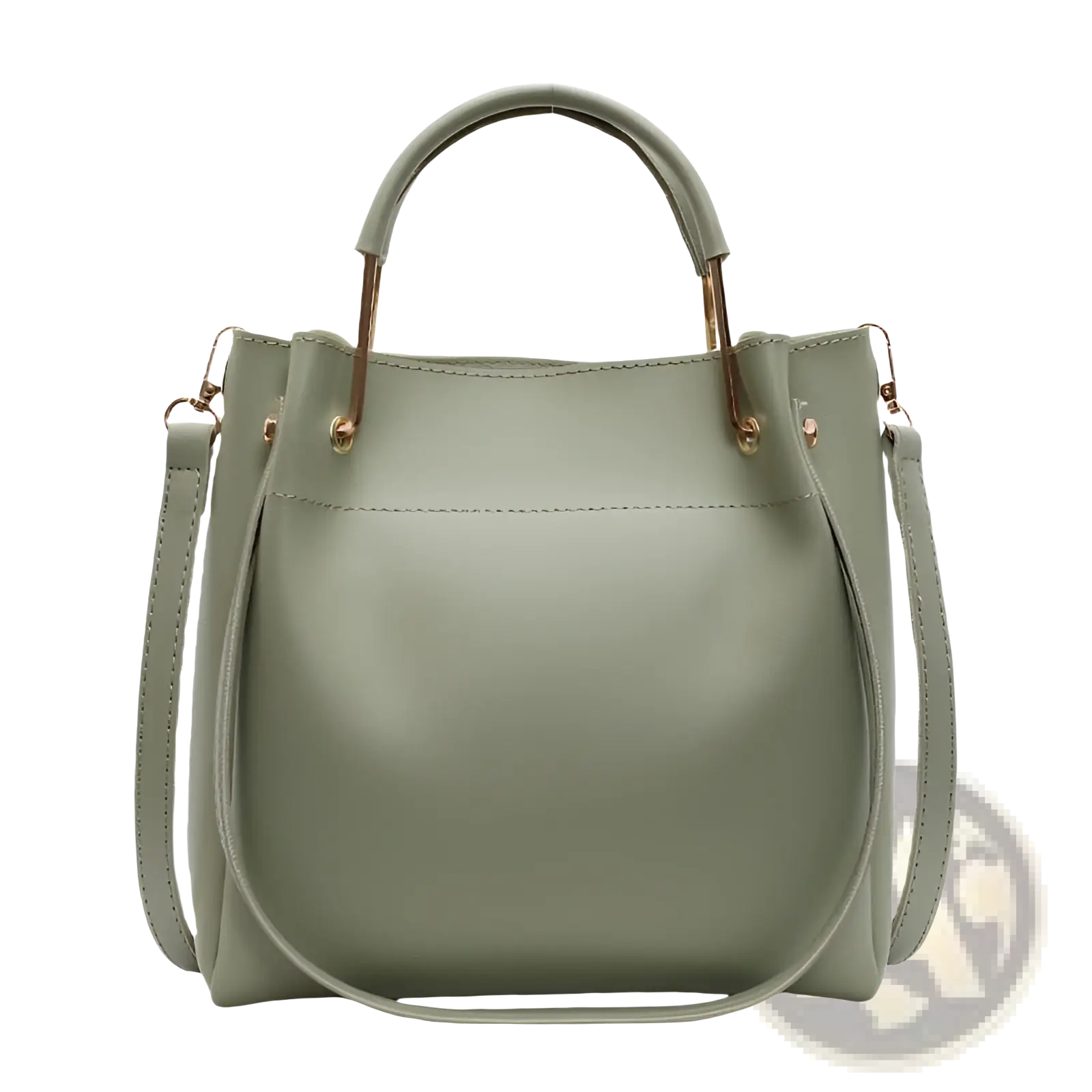 Minimalist leather bucket bag in olive green faux leather with gold-tone metal handles and detachable shoulder strap