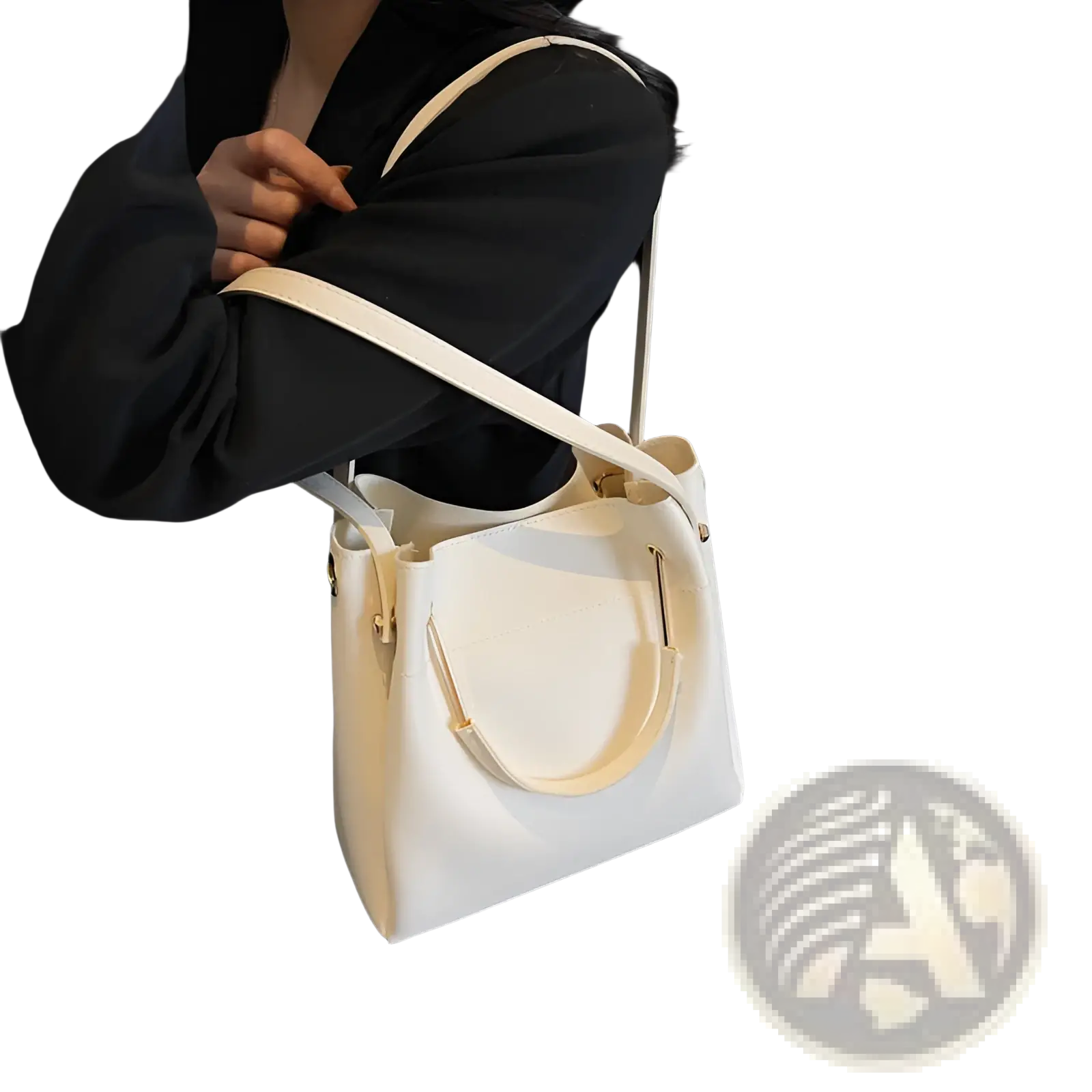 Cream-colored minimalist leather bucket bag with sleek design and matching detachable shoulder strap