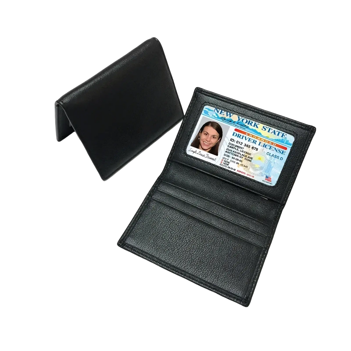 Black leather minimalist leather card holder slim wallet with a single id slot holding a New York state driver’s license