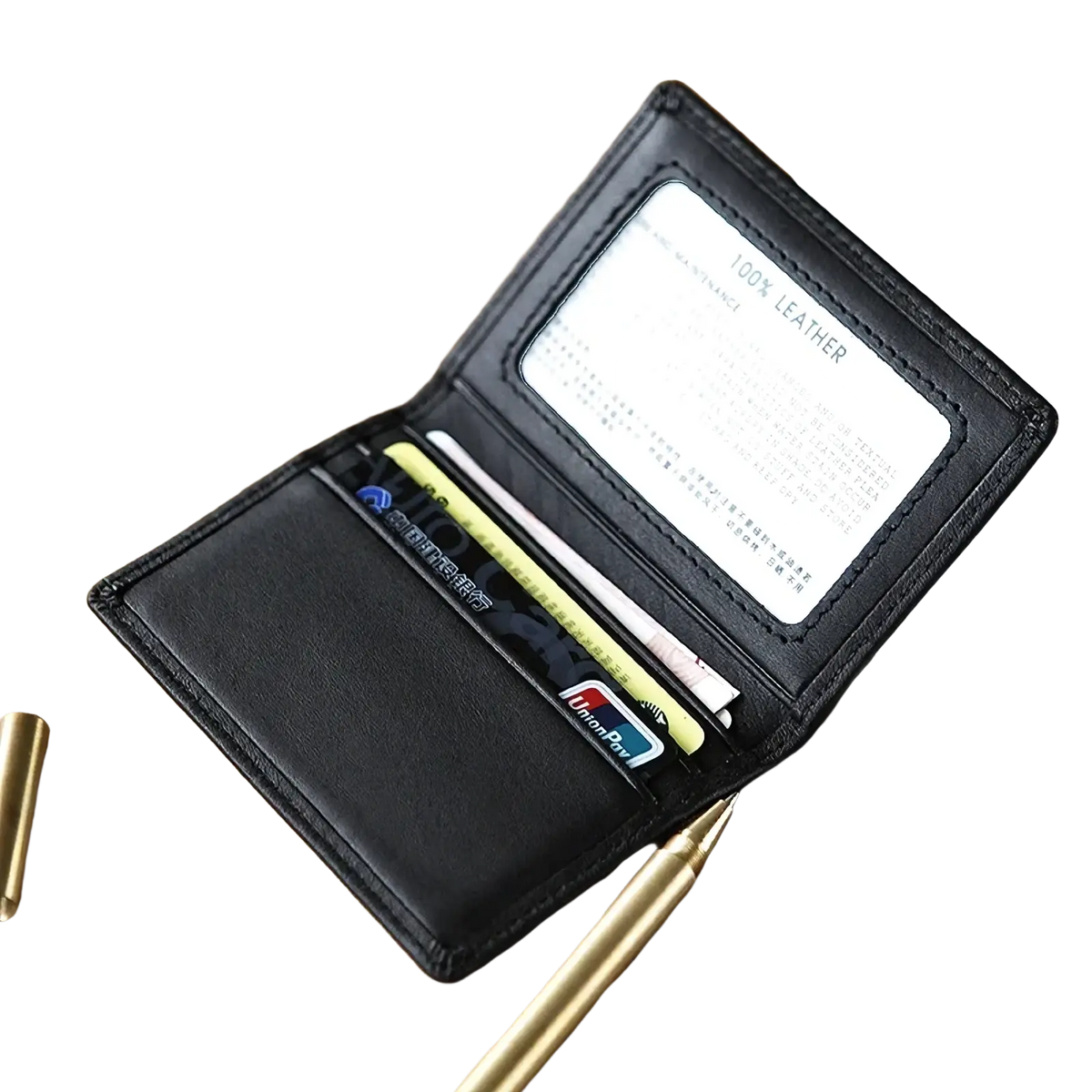 Black leather minimalist card holder slim wallet with clear ID window and multiple card slots