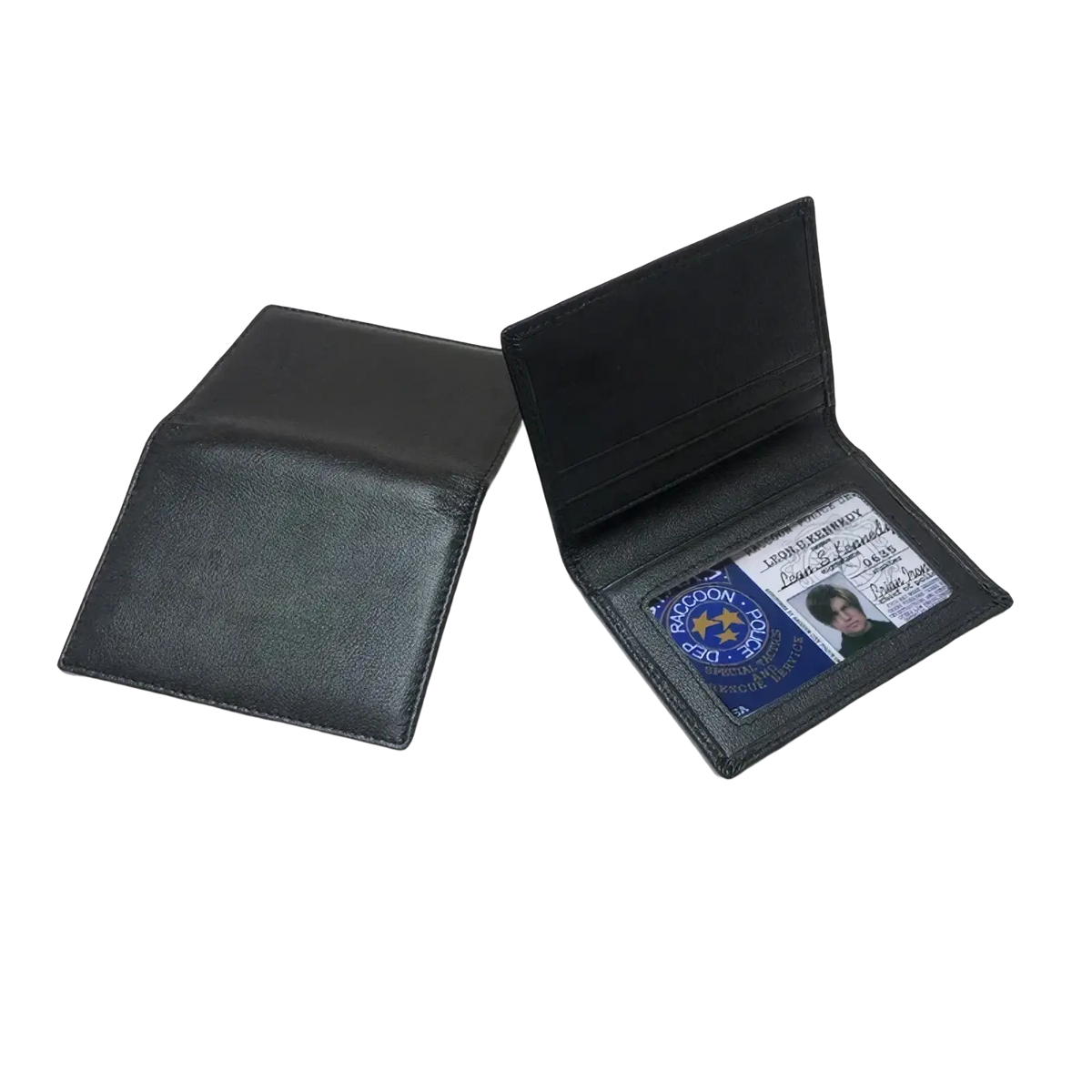 Black leather minimalist leather card holder slim wallet with interior card slots holding an id card