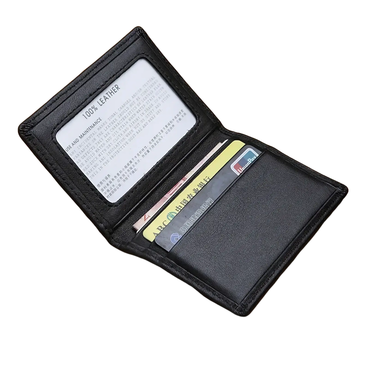 Minimalist leather card holder slim wallet black leather with smooth texture and multiple card slots holding credit cards