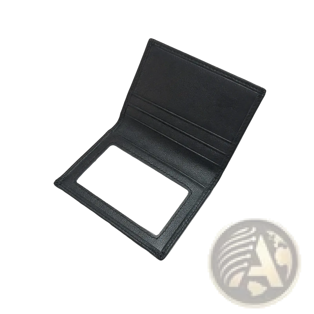 Minimalist black leather card holder with clear id window and multiple slots for organization and slim carrying