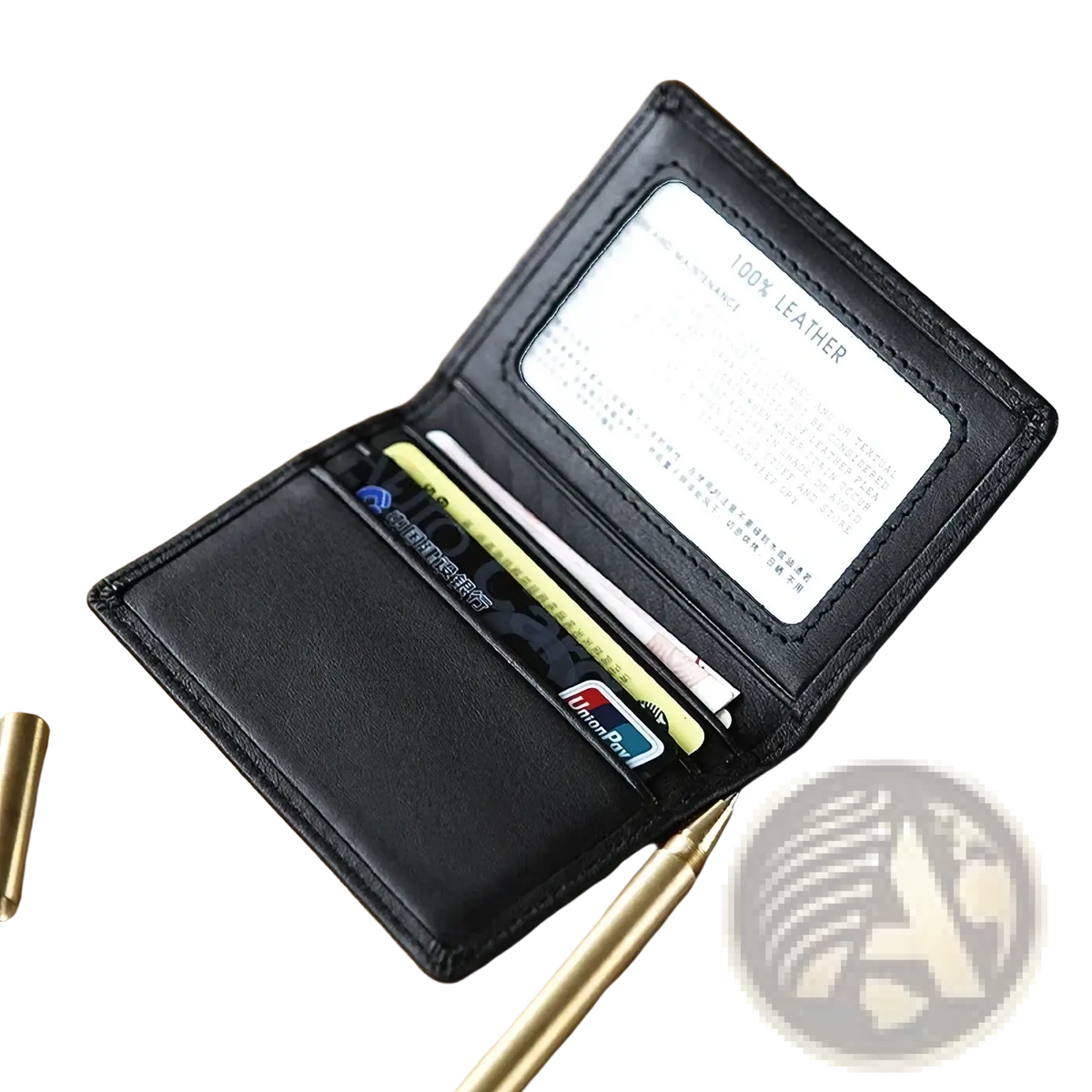 Black leather minimalist card holder slim wallet with clear ID window and multiple card slots