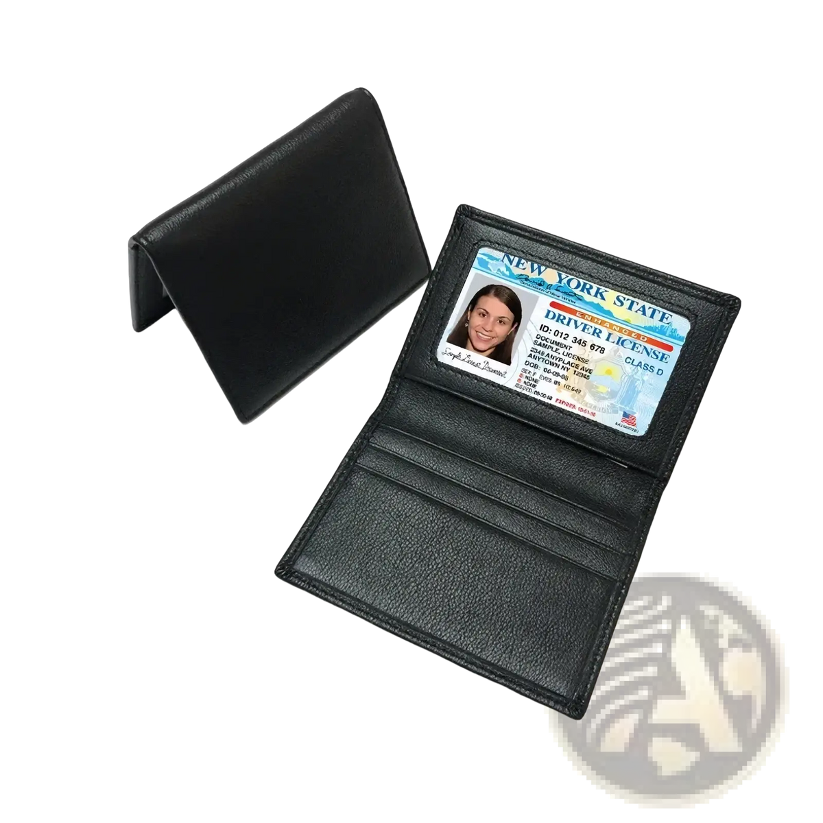 Black leather minimalist leather card holder slim wallet with a single id slot holding a New York state driver’s license
