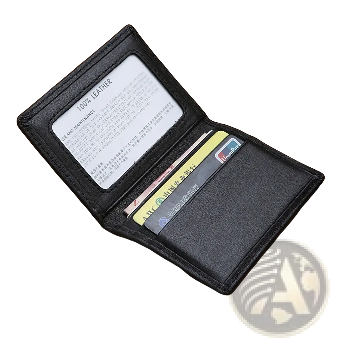 Minimalist leather card holder slim wallet black leather with smooth texture and multiple card slots holding credit cards