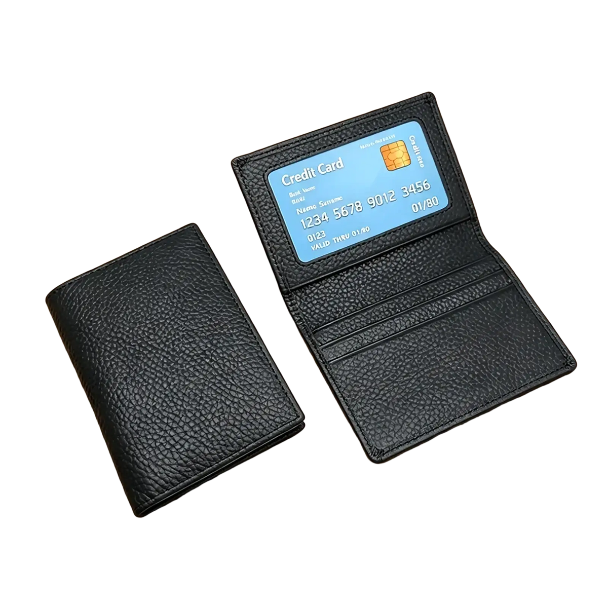 Minimalist leather card holder slim wallet in black textured leather with credit card slot and subtle pebbled finish