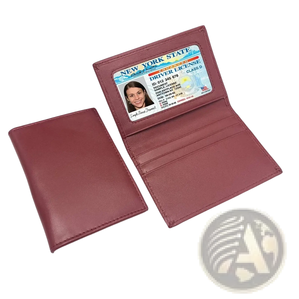 Minimalist leather card holder slim wallet in maroon with multiple card slots and clear id window holding new york license