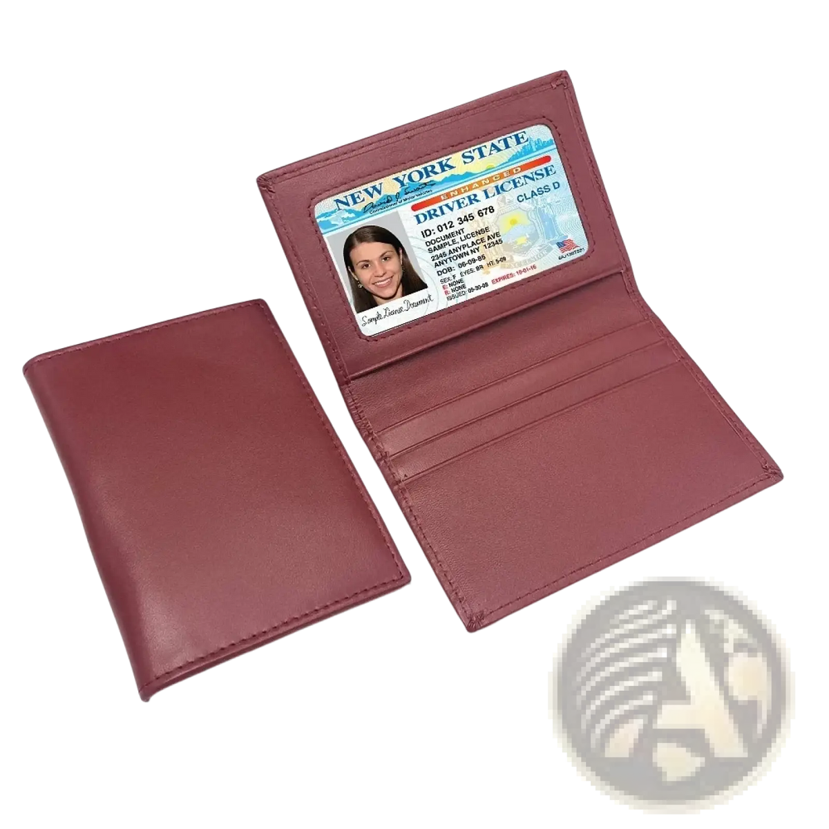 Minimalist leather card holder slim wallet in maroon with multiple card slots and clear id window holding new york license