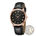 Minimalist leather quartz watch for men and women with rose gold-toned Geneva case, black leather strap, and roman numeral dial