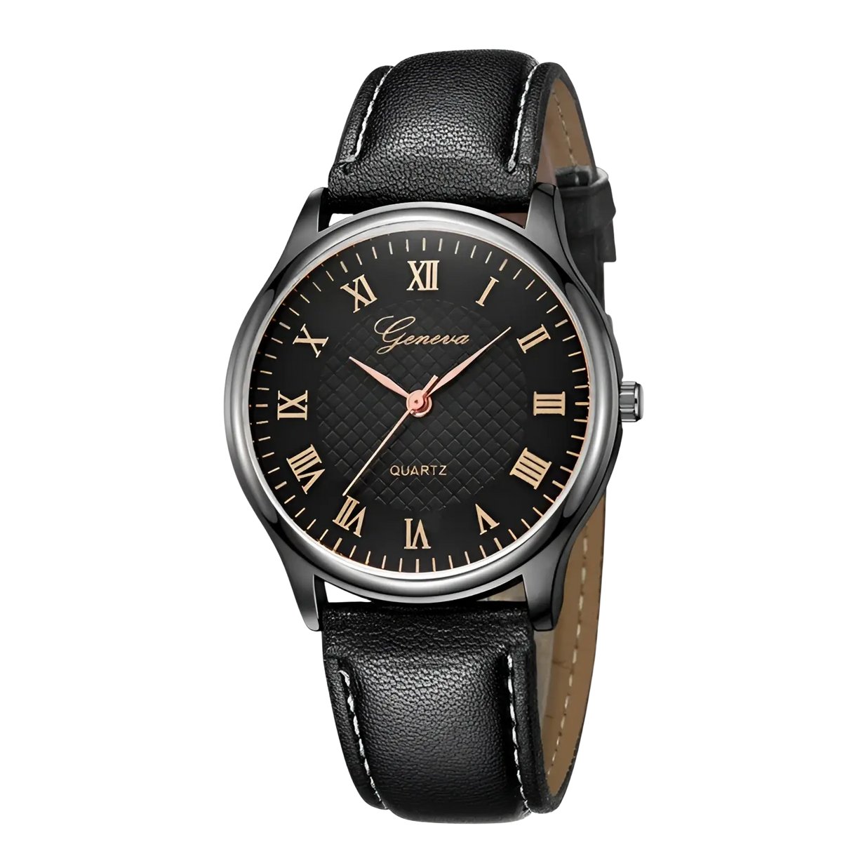 Minimalist leather quartz watch for men and women with black leather strap white stitching and black dial gold roman numerals