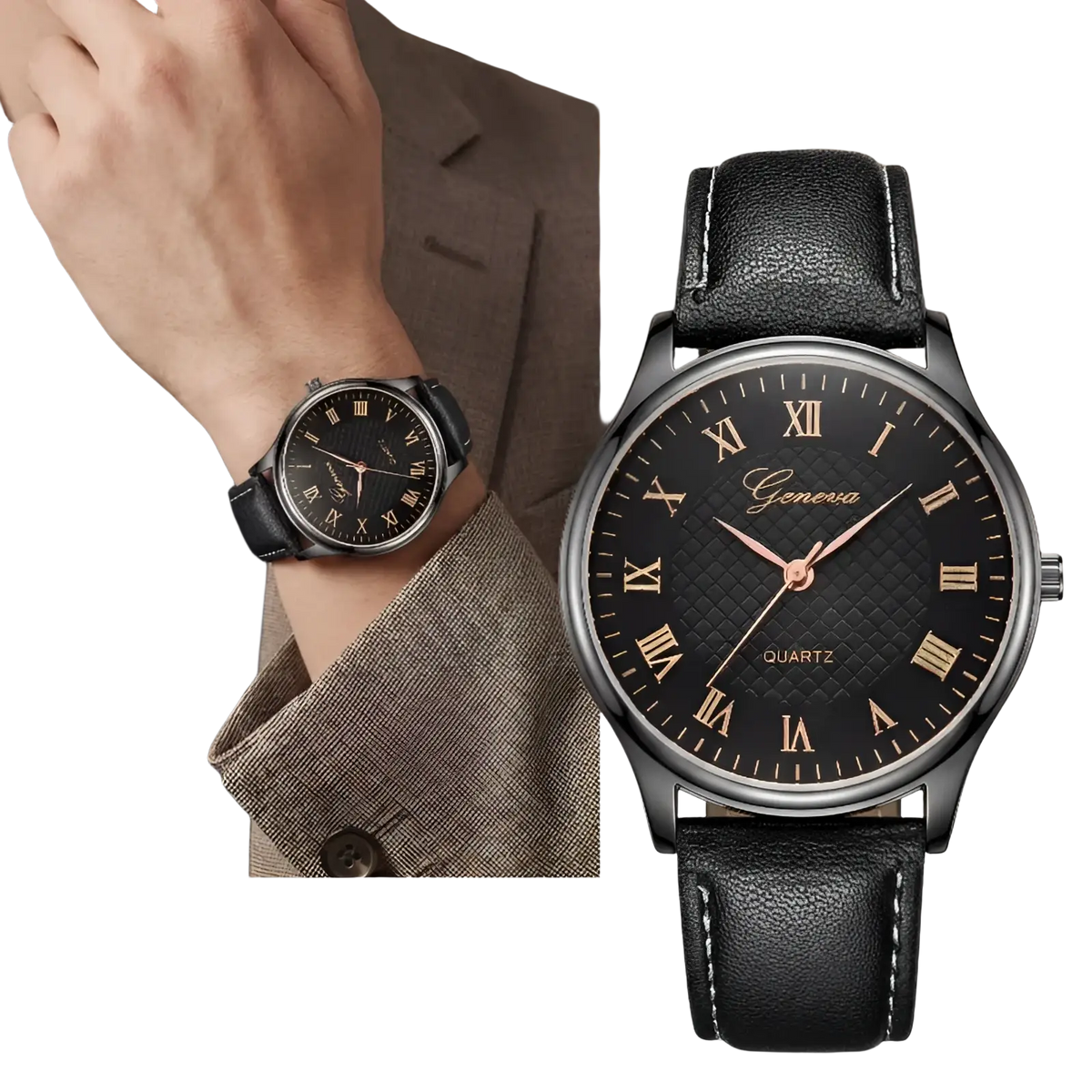 Minimalist leather quartz watch with black leather strap black dial gold roman numerals and rose gold hands for men and women