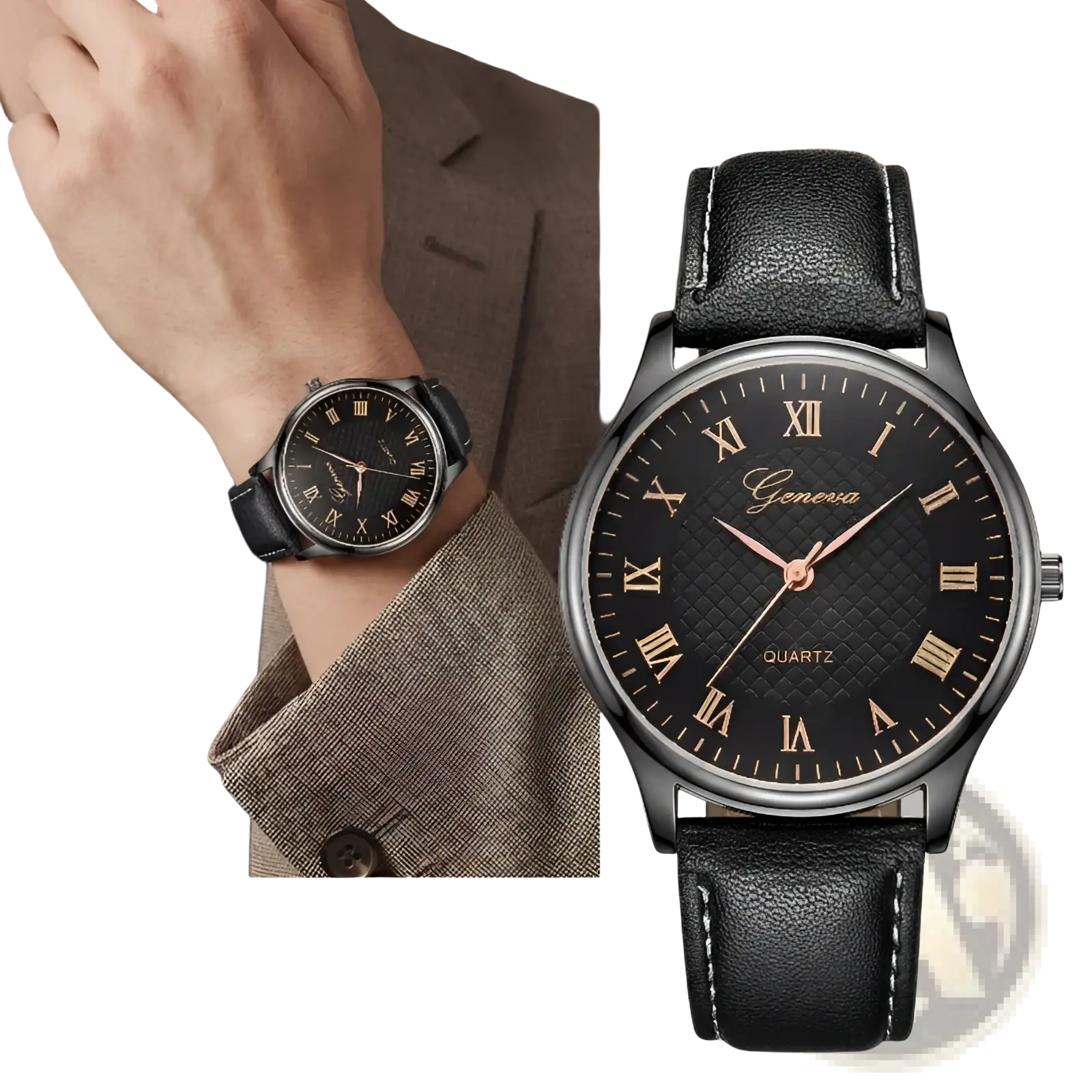 Minimalist leather quartz watch with black leather strap black dial gold roman numerals and rose gold hands for men and women