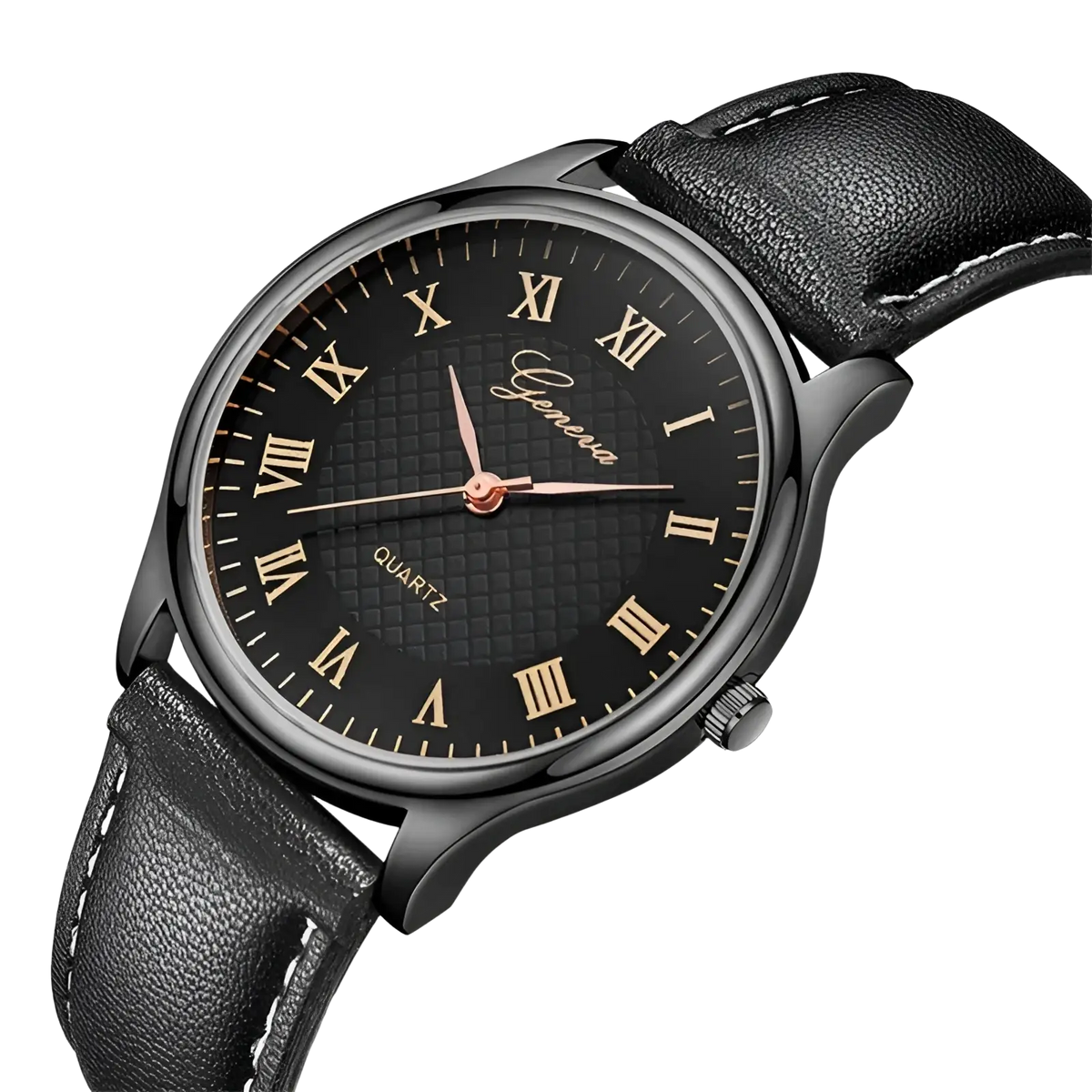 Minimalist leather quartz watch for men and women with black dial, gold roman numerals, and genera brand name in cursive
