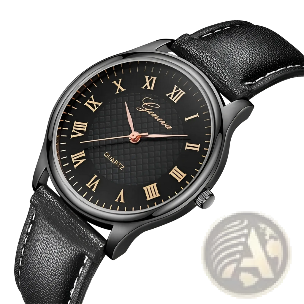 Minimalist leather quartz watch for men and women with black dial, gold roman numerals, and genera brand name in cursive