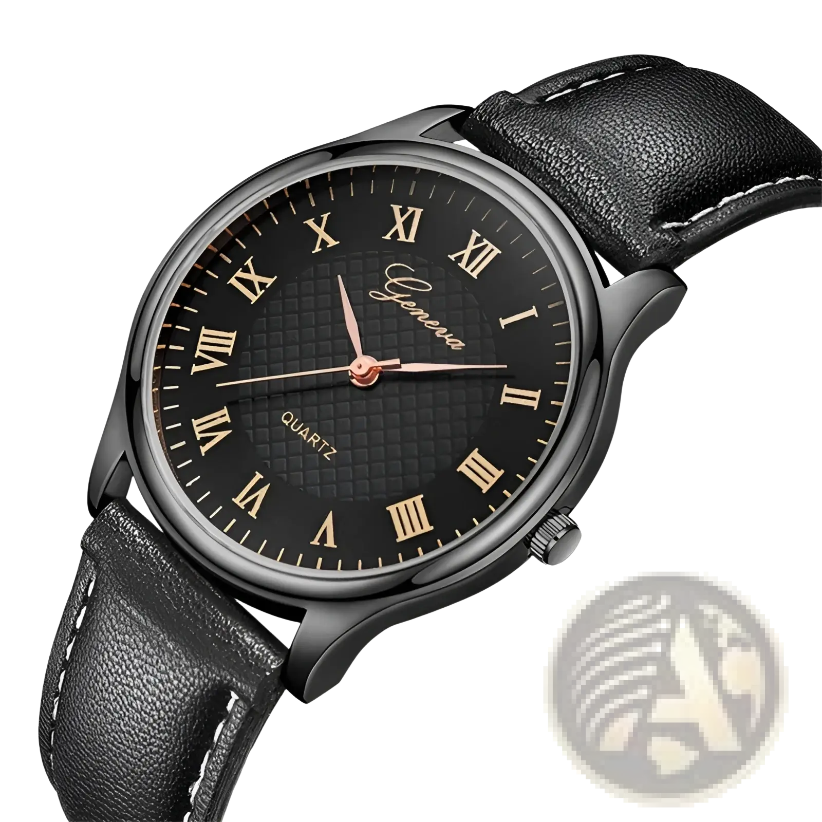 Minimalist leather quartz watch for men and women with black dial, gold roman numerals, and genera brand name in cursive
