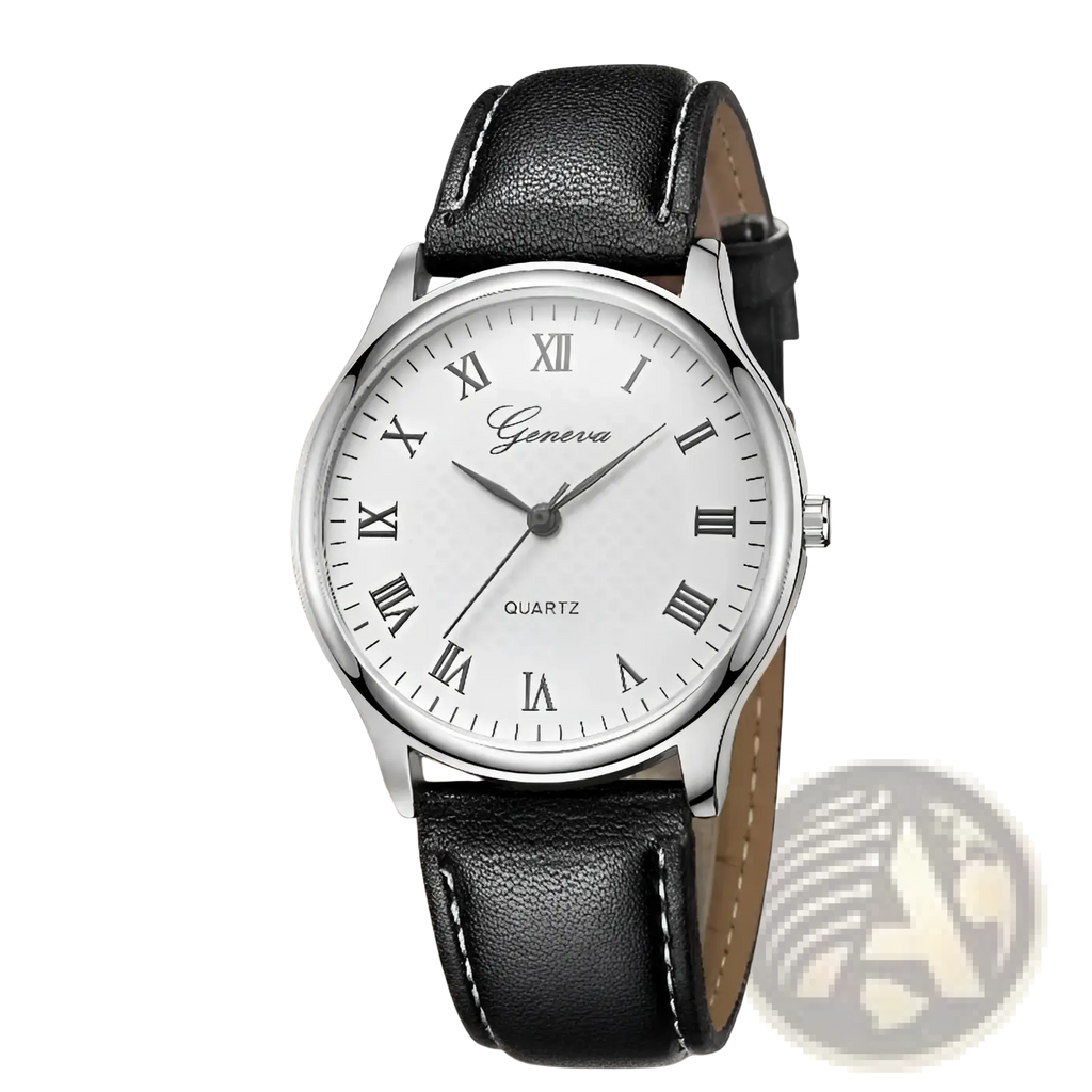 Minimalist leather quartz watch for men and women with a silver-toned case, white dial, black roman numerals, and black leather strap
